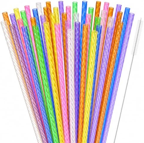 100PCS Reusable Straws with Cleaner Brush, 9.06" Long Colorful Clear Hard Plastic Swirl Drinking Straws for 12 oz 16 oz Mason Jar, Tumblers, Milk, Juice, Iced Coffee, Smoothies, Cocktail by Unknown
