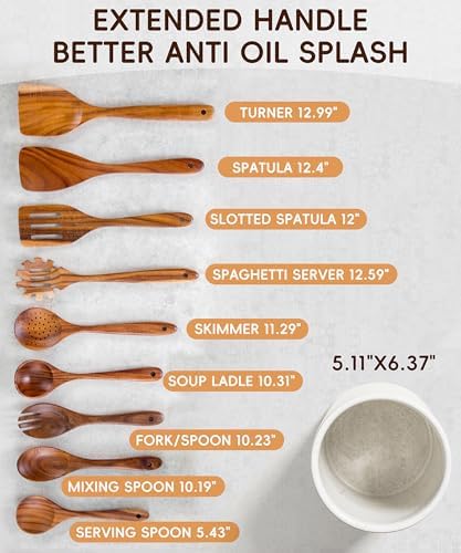 Wooden Cooking Utensils Set with Ceramic Holder,Teak Wood Utensils 10pcs - Image 4
