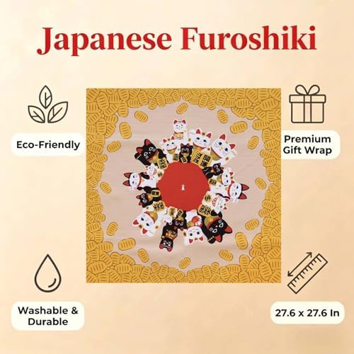 Furoshiki Japanese Wrapping Cloth, Large Size 27.6x27.6 Inch, Reusable Gift Wrap, Eco-Friendly Fabric for Bento Bag, Wine Bottle, Table Decor Washable & Wrinkle Resistant (Lucky Cats, 27.6"x27.6") - Image 6