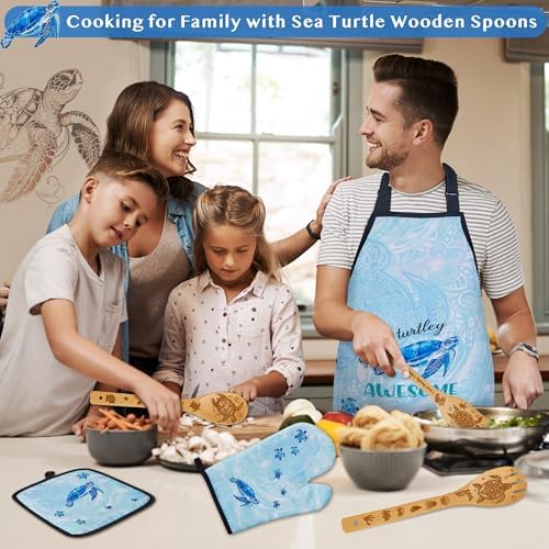 Sea Turtle Gifts for Women,8PCS Coastal Bamboo Cooking Utensil Spoon with Apron Oven Mitt Potholder for Kitchen Decor,Ocean Themed Stuff for Turtle Lovers,Mom,Easter,Housewarming,Birthday Gifts - Image 2