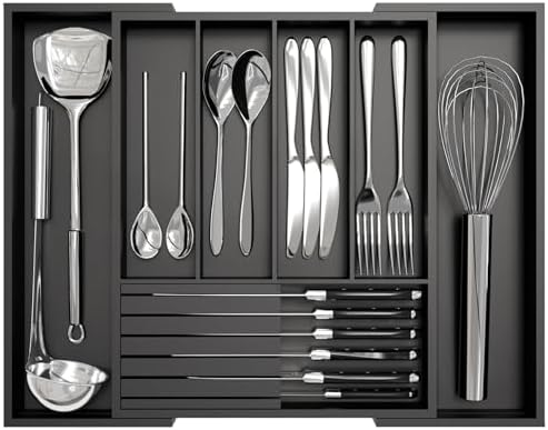 Bamboo Kitchen Silverware Drawer Organizer - Expandable Wood Utensil Holder with Dividers, Luxury Cutlery Storage Tray for Kitchen Utensil and Flatware (5-7 Slots with Removable Knife Block, Black) by Bamfan
