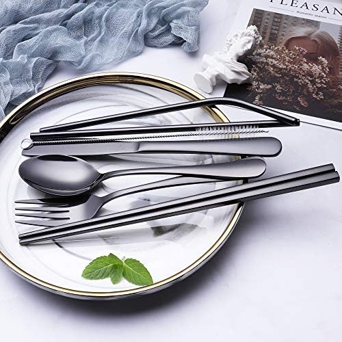 Travel Utensils Set with Case – 8-Piece Reusable Stainless Steel Camping Cutlery Set for Lunchbox, Office, School – Portable Fork Spoon Knife Chopsticks – Dishwasher Safe – Black - Image 2