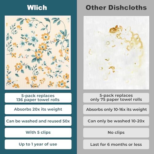 wlich 5 Pack Swedish Dishcloths, Reusable Kitchen Towels with Clips, Plant - Image 5