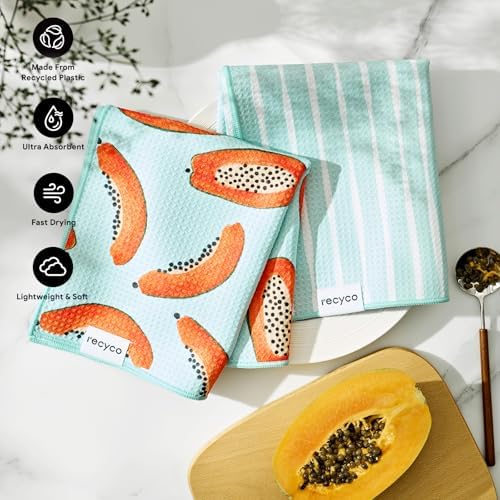 RECYCO Waffle Kitchen Towel Set of 2 - Quick Dry Microfiber Sustainable Dish Towels - Ultra Absorbent Reusable Cleaning Tea Towels - Lightweight Hand Towels,16”x 28”, Papaya Joy - Image 3