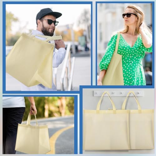 Zhehao 60 Pcs Reusable Grocery Bags Bulk Large Foldable Shopping Tote Bags Non Woven with Handle and Plastic Button(Beige) - Image 6