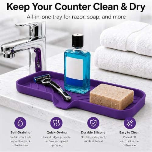 MicoYang Silicone Soap Dish with Drain Spout — Self-Draining Double Sink Organizer Tray for Kitchen & Bathroom, Dispensers, Sponges & Soap Holder, Non-Slip & Dishwasher Safe, Purple (Large, 12"×4") - Image 6
