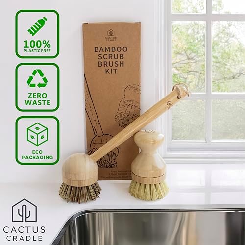 Cactus Cradle Bamboo Scrub Brush Set (4-Piece Kit) – Plastic-Free Kitchen Scrub Brushes with 2 Ergonomic Handles & 2 Interchangeable Plant-Based Bristle Heads | Non-Scratch Pot, Pan & Produce Cleaner - Image 3