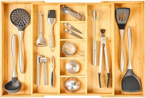Umilife Extra Large Expandable Kitchen Drawer Organizer for Utensil and Junk, 19" Deep for Big Drawer, 17" to 28" Adjustable Bamboo Wood Drawer Divider, Cutlery Tray, Flatware Holder by Umilife