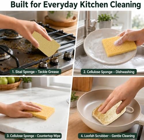 Natural Loofah Sponge, Kitchen Sponges, 11-Pack Cellulose Sponges, Sisal - Image 4