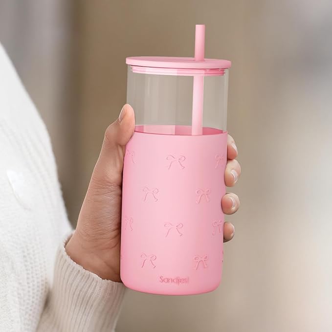 SANDJEST Glass Tumbler with Straw and Lid, Glass Water Bottle with Silicone Sleeve 20oz with Bow, Smoothie, Iced Coffee Cup, Bow Gifts for Women Teen Girls Birthday Christmas