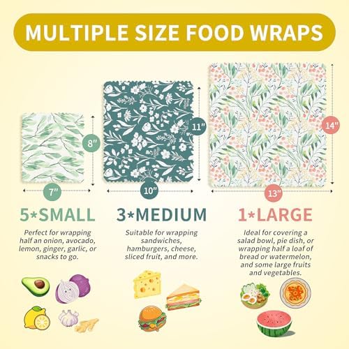 Beeswax Food Wrap, Reusable Beeswax Wraps Storage Set 9-Pack (5S 3M 1L), Organic and Beeswax Wraps Reusable, Sustainable Alternative/Flowers Grass - Image 2