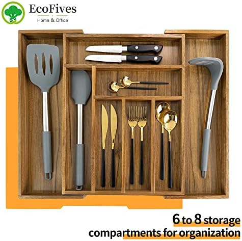 Luxury Acacia Kitchen Drawer Organizer - Silverware Organizer - Utensil Holder and Cutlery Tray with Grooved Drawer Dividers for Flatware and Kitchen Utensils (8 Slot), 17*12.4*2 inch - Image 2