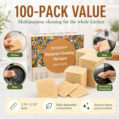 Natural Loofah Dish Sponge, 100 Count Plant-Based Kitchen Cleaning Pads, Biodegradable Compostable Scouring Pads for Dishes, Pots, Pans and Sink, 2.75 x 2.75 Inch - Image 6