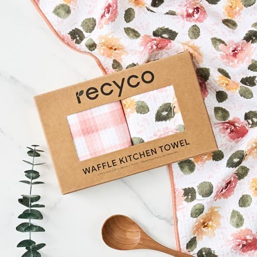 RECYCO Waffle Kitchen Towel Set of 2 - Quick Dry Microfiber Sustainable Dish Towels - Absorbent Reusable Cleaning Tea Towels - Lightweight Hand Towels,16”x 28”, Rose Plaid - Image 7