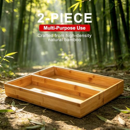 Kitchen Bamboo Drawer Organizer Set of 2, Large Wide Stackable Drawer Organizer for Silverware, Utensils, Cutlery, Flatware, Junk Drawer, Dresser, Bathroom, 17" x 6" x 2" - Image 4
