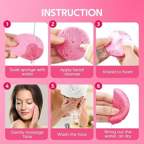 GAINWELL Gifts for MoM in Mothers Day, 50-Count Compressed Facial Sponge, Daily Facial Cleansing and Exfoliating, 100％ Natural Cosmetic Spa Sponges for Makeup Remover, Reusable, Pink - Image 3