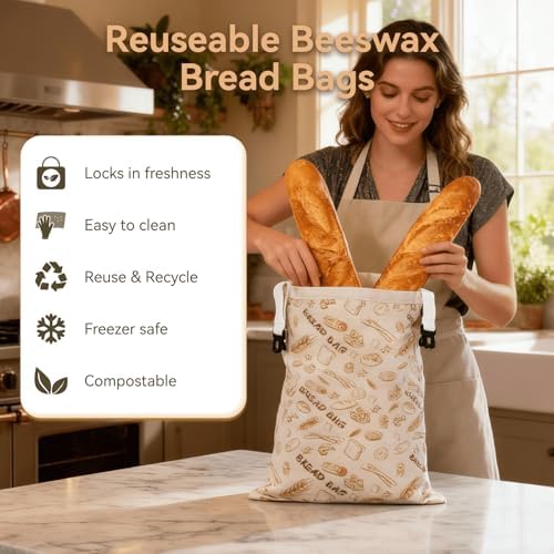 Bread Bag for Homemade Bread - 2 Packs XL Reusable Organic Beeswax Natural Cotton Sourdough Bag, Homesteading Essentials Sourdough Bags with Sealing Zip to Keep Fresh(13×17 Inches) - Image 2