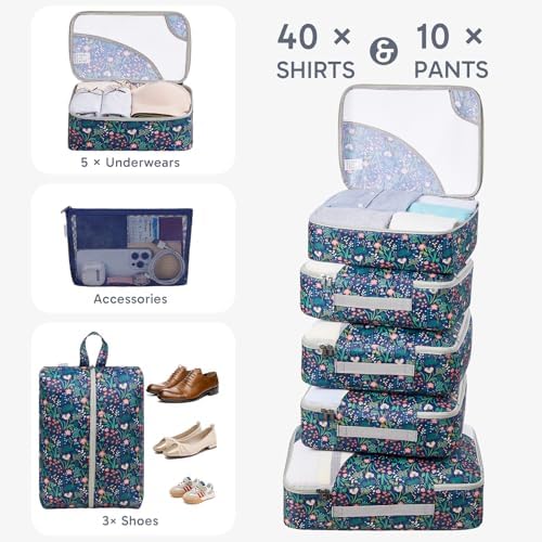 OlarHike Packing Cubes for Travel,Gifts for Women Mom,Anti-Tearing Suitcase Organizer for Luggage with Shoe & Hanging Toiletry Bag,Vacation Essentials & for Cruise Ship,10 Set,Dark Blue Floral - Image 4
