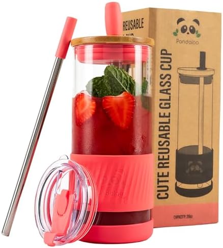 Pandaloo® Glass Cups With Lids and Straws -20 Fl Oz- Perfect Size Iced Coffee Cup - Smoothie Cup With Bamboo Lid and On the go Lid - Glass Tumbler With Straw (1 Count (Pack of 1), Coral) by Pandaloo