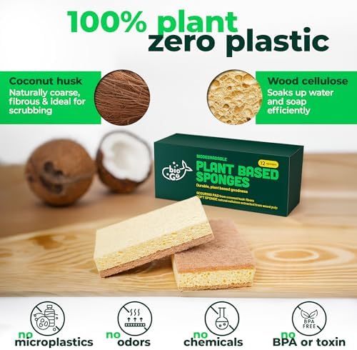 bioGo 12 Pack Natural Biodegradable Kitchen Sponges - Eco-Friendly, Compostable, Cellulose Dish - Compostable - Biodegradable - Cellulose Sponge - Image 3
