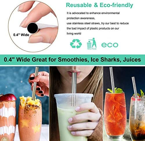 Vinaco 6 Pack 0.4" Wide Bore Reusable Stainless Steel Metal Smoothie Straws - Image 2