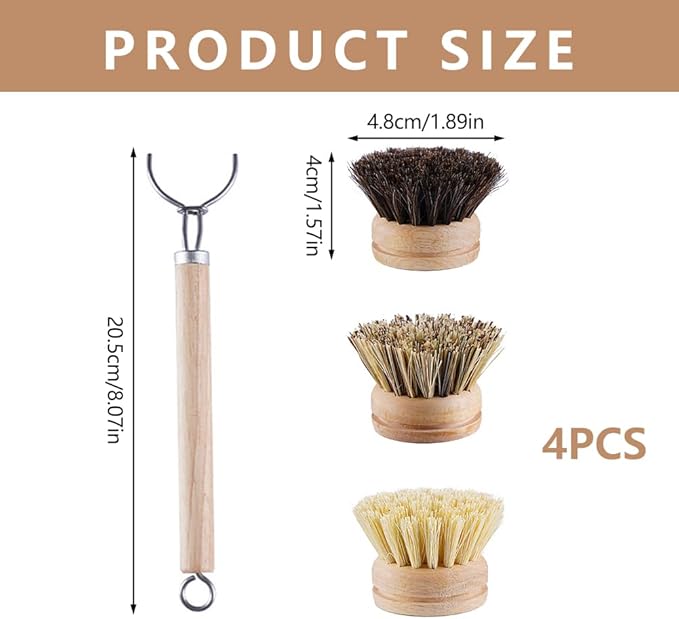 Dish Brush with Handle - 1 Sturdy Wooden Handle with 3 Natural Bristle Heads All-Purpose Kitchen Scrubber, Bamboo Wok Brush Fruit & Veggie Scrubber Eco-Friendly Brush for Pots, Pans, Oven