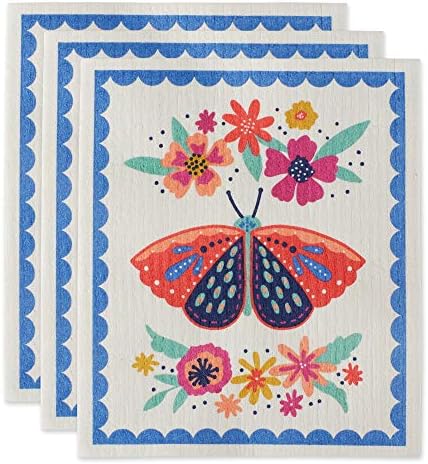 DII Swedish Dishcloths for Kitchen & Cleaning, Reusable, Machine Washable & Dishwasher Safe, Biodegradable, 7.75 x 6.75, Butterfly Folk, 3 Piece by DII