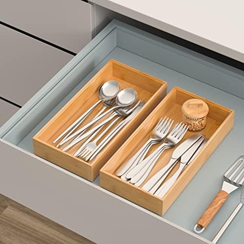 VeyFey Silverware Tray for Drawer, Stackable Kitchen Bamboo Drawer Organizer 12" x 6" x 2" Set of 2 - Image 3