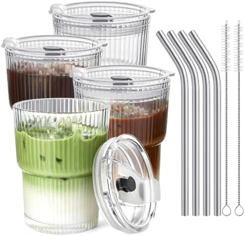 TUZAZO 13 Oz Ribbed Glass Coffee Tumblers with Lids and Straws, 4 Pack by TUZAZO