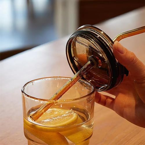 13oz Glass Tumbler with Straw and Lid, Reusable Iced Coffee Cups, Matcha Smoothies Cup, Thick Wall Seal Drinking Glassware Water Cups,Suit for Car Cup Holder (Amber-4pack) - Image 4