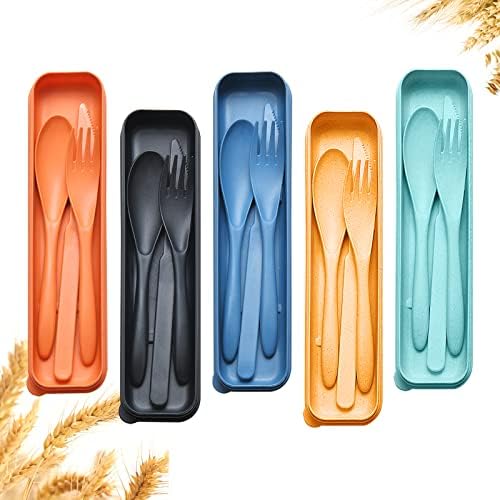 YDYTOP Reusable Travel Utensils Set with Case, 5 Sets Wheat Straw Knife Fork Spoon Cutlery, Portable Plastic Silverware for Kids and Adults, School Lunch, Party, Picnic and Camping by YDYTOP