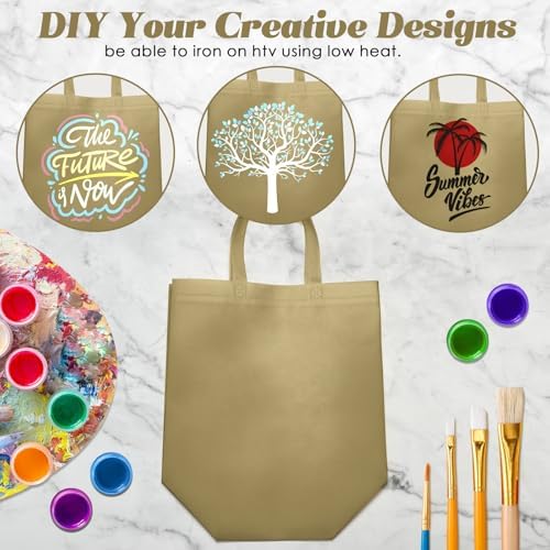 Reginary 50 Pcs Reusable Tote Bags Shopping Bags Non Woven, Light Brown - Image 6