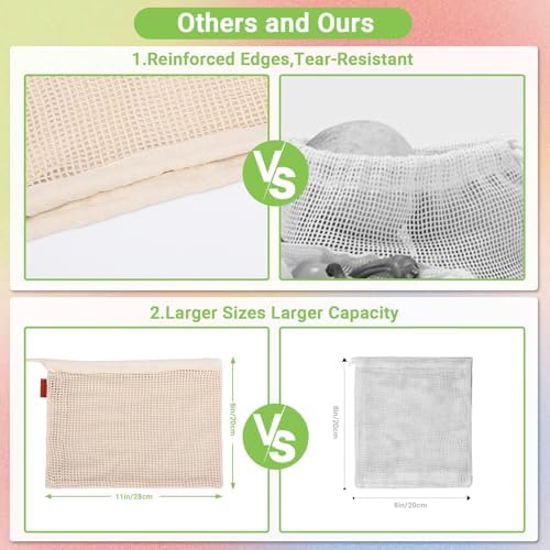 Pack of 12 Reusable Grocery Bags, 3 Sizes (4xS+4xM+4xL) Reusable Shopping Bags Heavy Duty Cotton Bags Mesh Bags for Vegetables, Enhanced Closure Edge, Double Stitched, with Tare Weight - Image 4