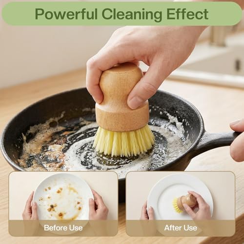 Wooden Dish Brush Handheld Bamboo Wok Brush Scrubber for Dishes Pans Pots Fruit and Veggie Washing(3,Beige Brown and Yellow) - Image 5