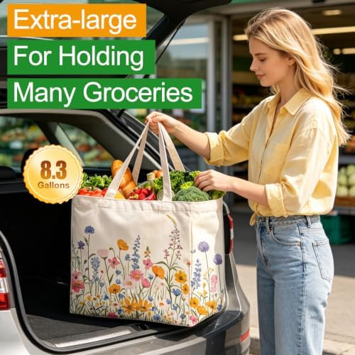 Aesthetic Canvas Reusable Grocery Bags Heavy Duty, 8.3 gal Foldable Large Tote Bag with Handles, Holds 60 lbs & Washable Eco-friendly Bags with 5 Pockets, Beige with a print 1 Bags（Wildflowers） - Image 4