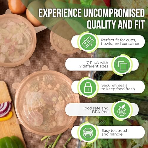 Reusable Silicone Stretch Lids for Food Storage in Fridge - Elastic Heat-Resistant Bowl Covers, Cups, Cans, Jars - Universal Food Grade Lid for Round and Rectangle Containers -7 Pack - Peach Glow - Image 4