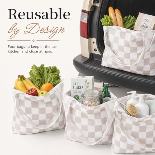 Checkered Reusable Grocery Shopping Bags 4 Packs, Cute Checkerboard Foldable Kitchen Large Nano Tote Bags - Image 7