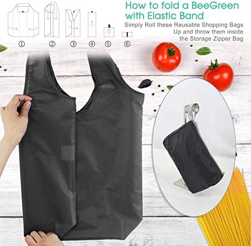 BeeGreen Black Reusable Grocery Bags Wholesale Dark Reusable Kitchen Bags Bulk Foldable-Machine Washable with Zipper Storage Pouch 50 Packs - Image 4