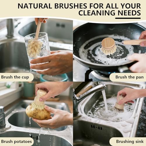 5 Pack Bamboo Dish Brush Set with 14’’ Bottle Brush - Image 6