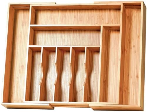 Umilife Extra Large Expandable Kitchen Siverware Utensils Drawer Organizer, 19" Deep for Big Drawer, Adjustable Bamboo Wood Drawer Divider with Curved Grooves, Cutlery Tray Flatware Holder by Umilife