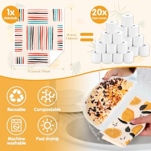 Lucomb 10 Pack Swedish Dishcloths Washable, Reusable Swedish Cloths Biodegradable Kitchen Towels with Hanging Clips, Cellulose Cotton Blend, Lemon Prints - Image 4