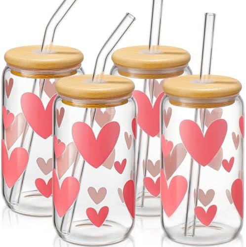 DWTS DANWEITESI Glass Cups with Lids and Straws with Design Pink Hearts 4 pcs,Clear Glass Cups 16 oz-Glass Tumbler,Cute Glass Iced Coffee Cups with Lids and Straws 480ml by DWTSDANWEITESI