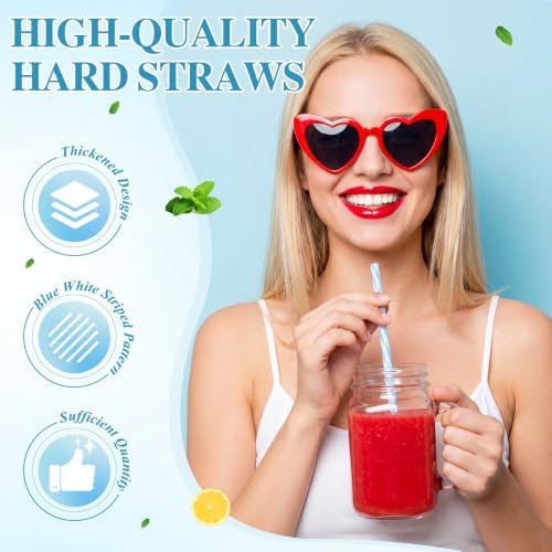 Honeydak 50 Pcs Reusable Plastic Straws Bulk,Light Blue and White Stripe - Image 3