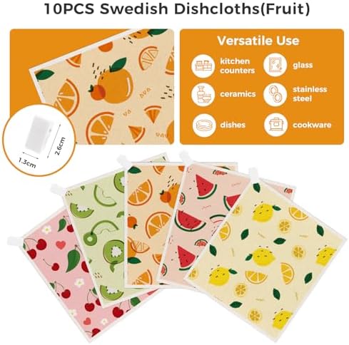 wlich 10 Pack Swedish Dishcloths, Reusable Kitchen Towels with Clips, Fruit - Image 4