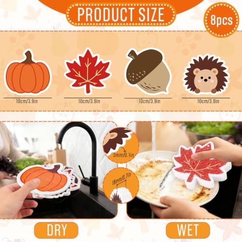 Whaline 8Pcs Fall Kitchen Sponges Pumpkin Maple Leaves Acorn Hedgehog Water Absorbing Dish Washing Sponge Non Scratch Cleaning Scrubbers for Autumn Thanksgiving Home Kitchen Decor - Image 2