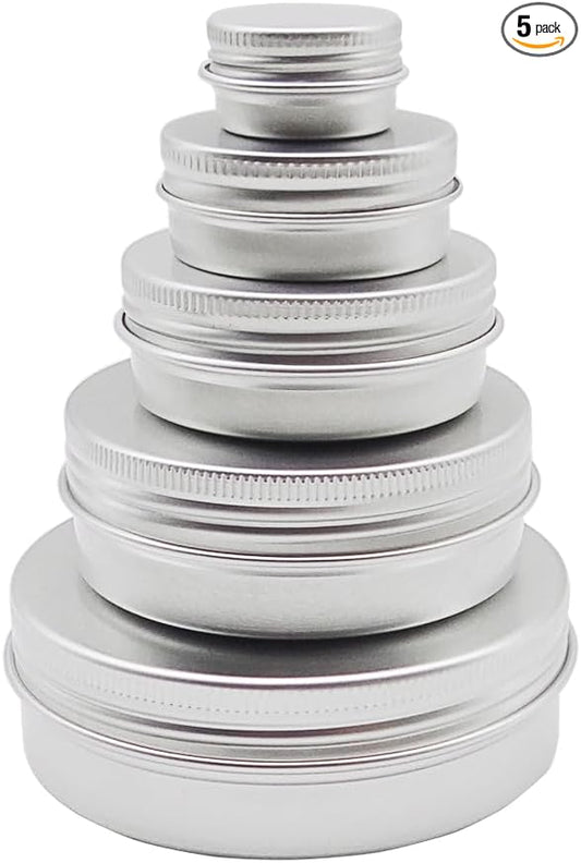 5pack Aluminum Tin Metal Jars with Screw Cap Lids, 30ml Empty Makeup Lip Balm Containers Round Travel Cosmetics Pots Cans for DIY Cream Candle Powder Tea Beads (5/15/30/60/100ml, mixed size)