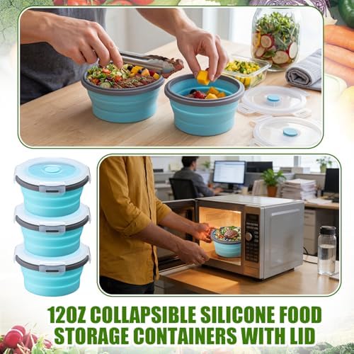 Domensi 12 Pcs Collapsible Bowls with Lids Silicone Camping Food Storage Container Foldable Expandable Folding Salad Lunch Box Leakproof Travel Container for Back to School Hiking Camping, Blue - Image 4