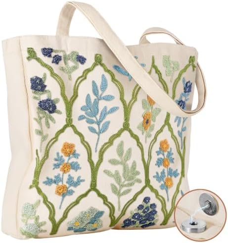 Floral Embroidery Canvas Tote Bag with Magnetic Closure for Daily by VelvetHue