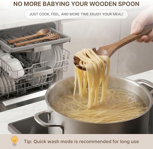 Koppen Dishwasher Safe Acacia Wood Soup Spoon & Pasta Spoon Set, 2 Pcs Non Toxic Wooden Kitchen Utensils for Nonstick Cookware, Wood Soup Ladle and Pasta Server, Heat Resistant, Smooth Grip - Image 4