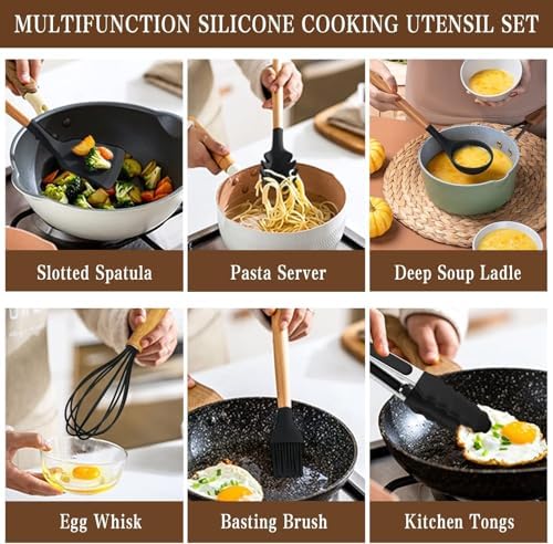Kitchen Utensils Set- 34PCS Silicone Cooking Utensil with Holder, Umite Chef Heat Resistant Kitchen Spatula Set for Nonstick Cookware, Black Wooden Handles Kitchen Gadgets Tools Set - Image 4